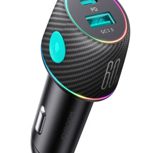 JOYROOM JR-CCN01 60W USB+USB-C / Type-C Multi-color Car Charger with Light Button(Black)